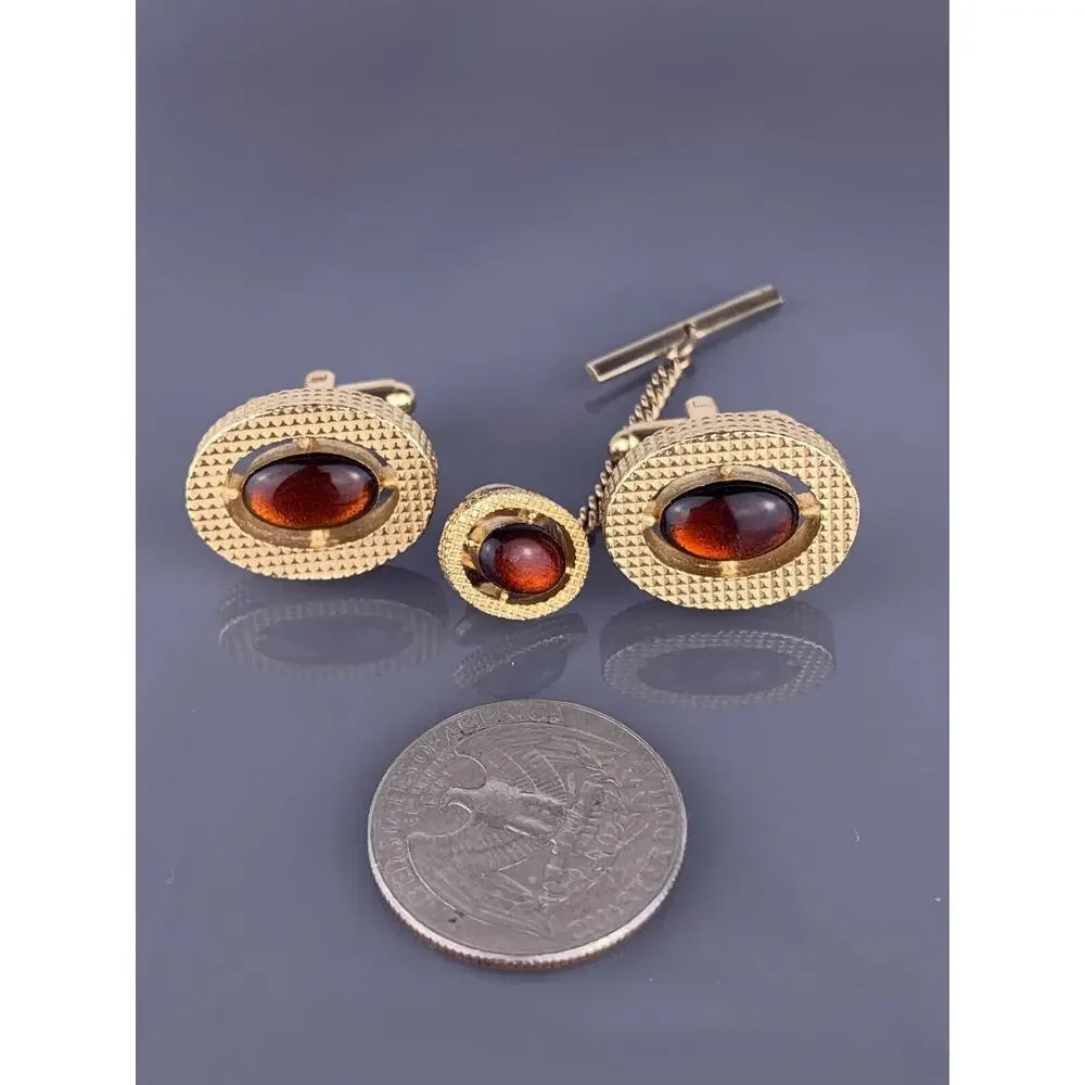Orange Cabochon Cufflinks Tie Pin Gold Plated Dante Vintage Oval and Etched